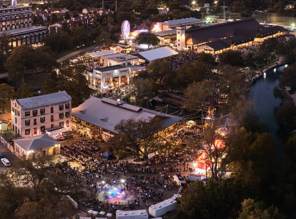 An aerial view of the town during the evening with lights